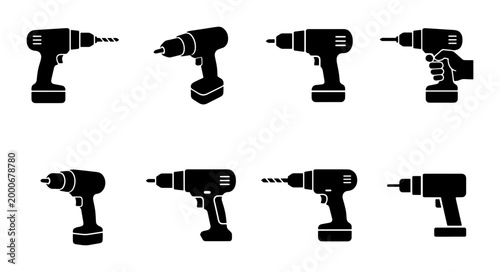 Tableau sur toile Electric power drill icons set, black cordless drill silhouettes, 8 vector const