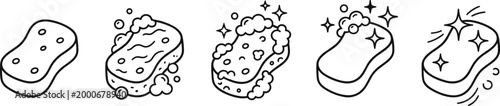cleaning sponge icons with foam and bubbles on transparent background