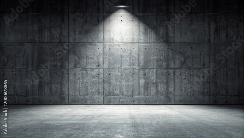 dramatic spotlight, empty concrete room, industrial interior, dark background