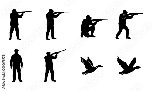Canvas-taulu Duck hunting silhouette collection with 8 vector elements, hunters with shotguns