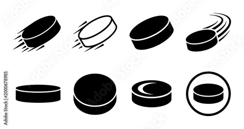 Photography Ice hockey puck vector icon set, black rubber pucks with motion lines, professio