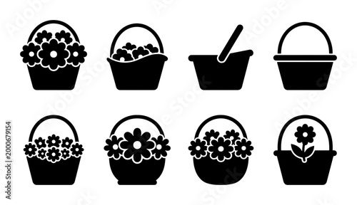 Tableau sur toile Minimalist flower basket icons, black silhouette garden floral hampers, set of 8