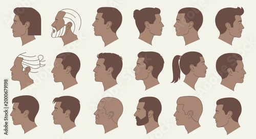 Fotografia Collection of diverse human head profiles with various hairstyles and facial features in flat illustration style