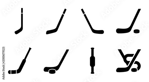 Photography Ice hockey stick icons set, black silhouette hockey equipment collection, 8 vect