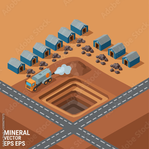 3D Isometric Mining Site with Trucks and Buildings.