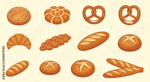 Delicious variety of bakery products including loaves, pretzels, croissants, baguettes, and buns on light background.