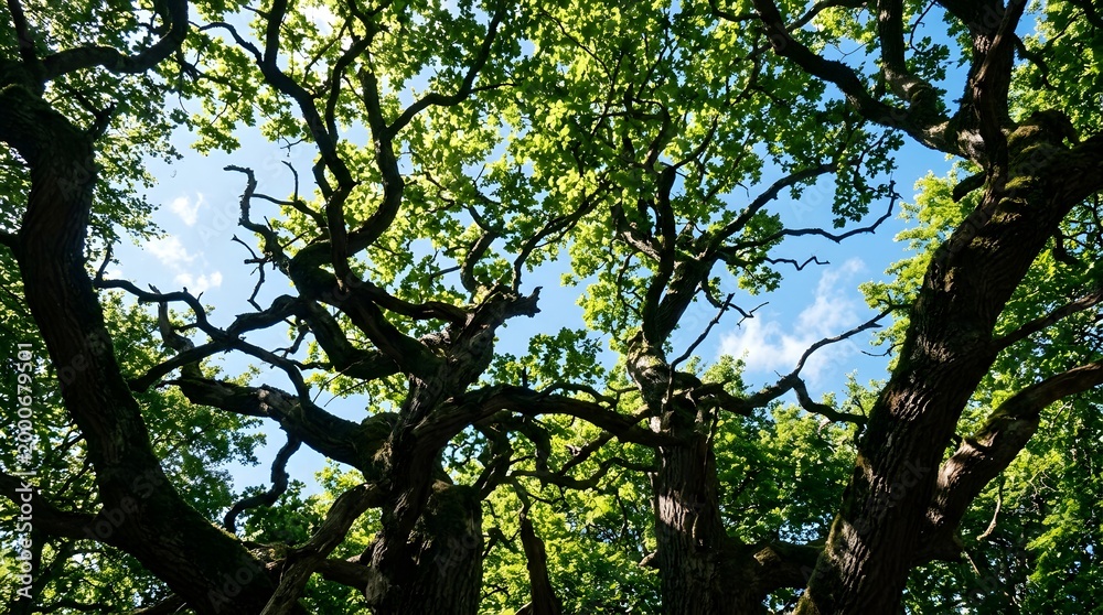 Obraz premium A view upwards shows the sprawling canopy of trees against a bright blue sky with scattered clouds on a sunny day.