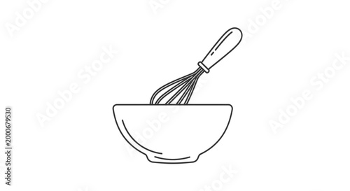 Simple line art illustration of a kitchen whisk inside a mixing bowl, depicting baking or cooking preparation with basic utensils.