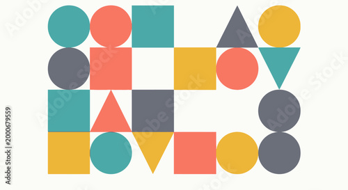 Abstract geometric pattern featuring colorful circles, squares, and triangles arranged in a grid-like composition on a white background. Free Download Abstract geometric pattern featuring colorful circles, squares, and triangles arranged in a grid-like composition on a white background. - GFXLoad