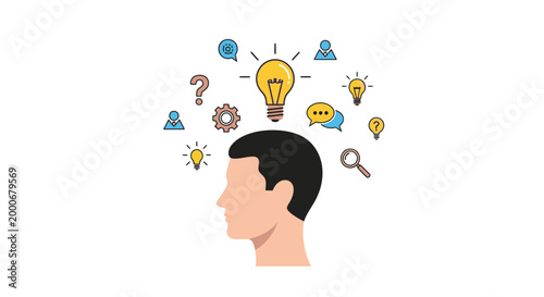A profile view of a human head surrounded by various thought and idea icons, representing creativity, problem-solving, and mental processes.