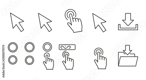 A collection of outline user interface icons featuring mouse cursors, hand tap gestures, download symbols, and interactive selection elements.