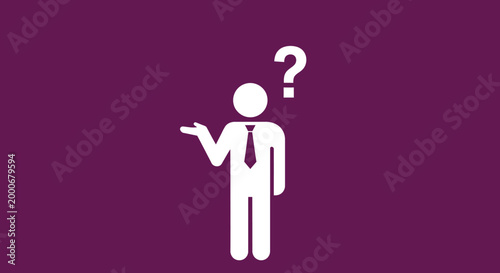 A white stick figure of a businessman in a suit and tie, with one hand raised in a questioning gesture and a question mark floating above his head, set against a solid purple background.
