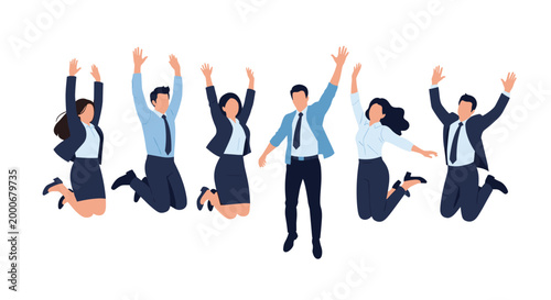 Group of professional business men and women in suits jumping high in air celebrating success and achievement.