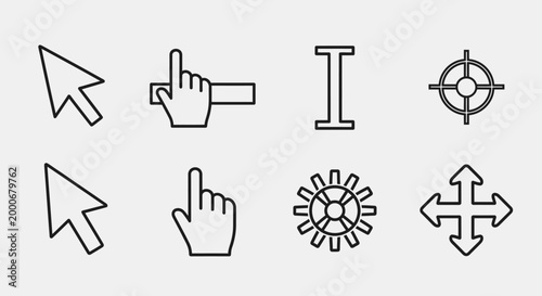 Tableau sur toile A collection of eight outline cursor icons, including arrow, hand, I-beam, target, gear, and move cursors, on a light gray background