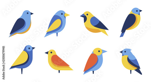 Collection of colorful small birds in various poses and vibrant plumage.