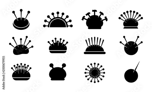 Фотография Pincushion icon set with sewing pins and needles, 12 black silhouette tailoring