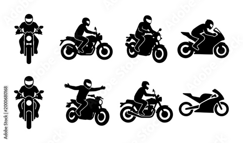 Tableau sur toile Motorcycle rider silhouette icon set, black motorbike biker vector collection, s