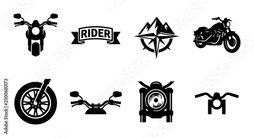 Bild auf Leinwand Vintage motorcycle badge collection, black biker club logos and rider icons, 8 v