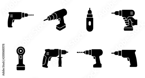 Photos Electric drill icon set, black silhouette power tools for construction and home