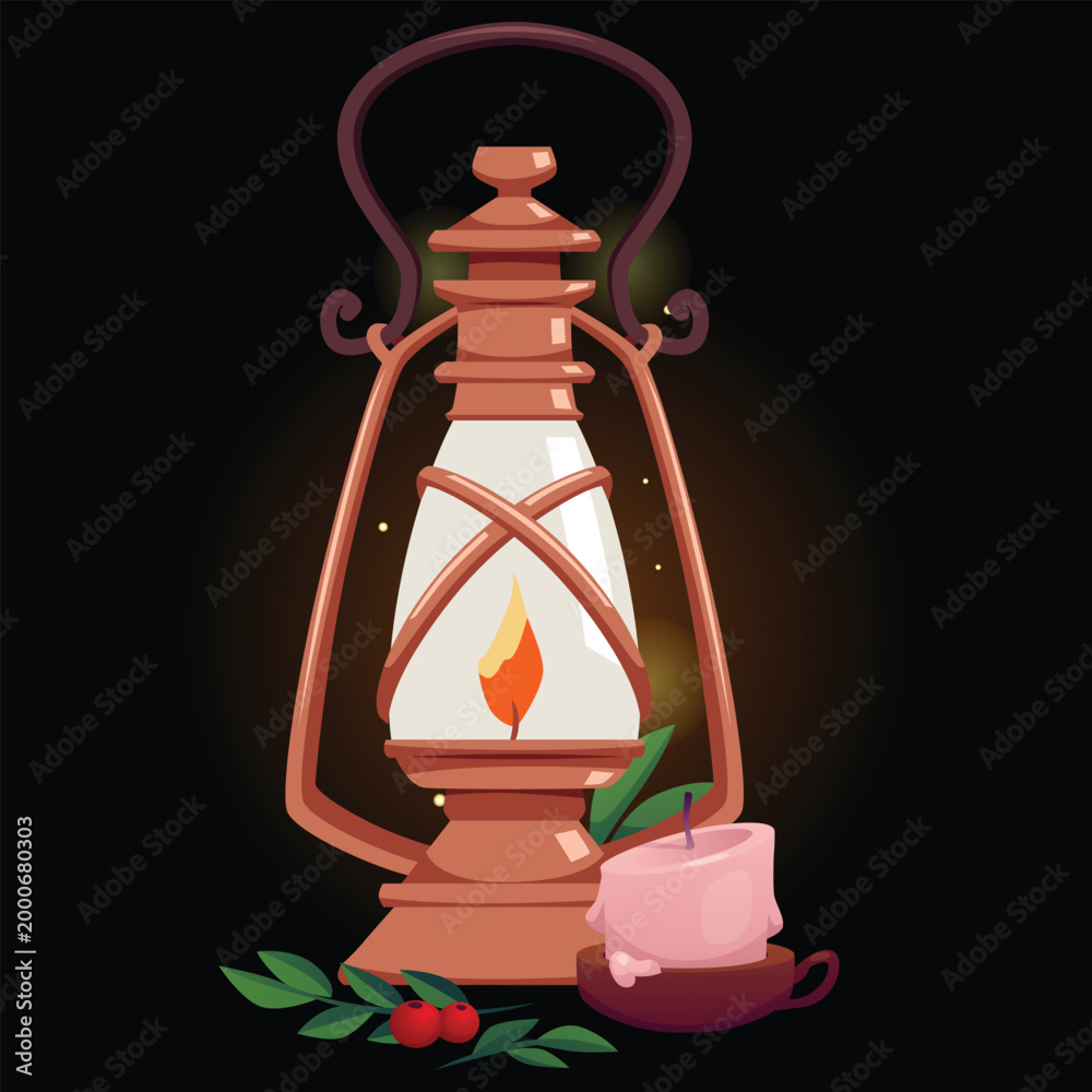 Fototapeta premium Vintage magic lantern with burning candle and red berries with leaves, vector antique bronze holder medieval lamp