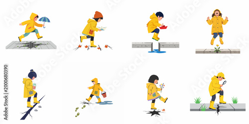 Vector set of children in yellow raincoats and boots exploring, jumping over pavement cracks and puddles, and playing outdoors during a rainy day.