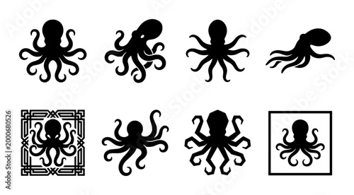 Tableau sur toile Black octopus silhouette icons set, 8 sea creature vector illustrations, minimal