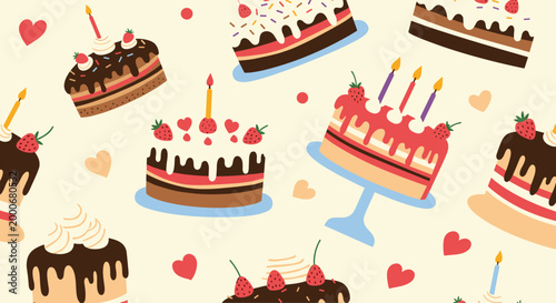 Sweet seamless pattern of diverse decorated cakes, strawberries, candles, hearts, and colorful dots on cream background.