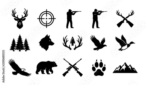 Photography Hunting and outdoor adventure icons set, 15 black vector silhouettes of wild ani