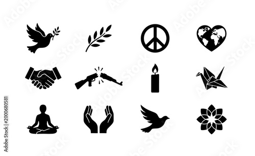Photos Peace and harmony icon set, black silhouette anti-war symbols, 12 vector element