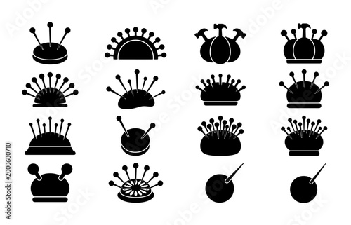 Quadro su tela Sewing pincushion icon set, black silhouette needle holder collection, 16 vector