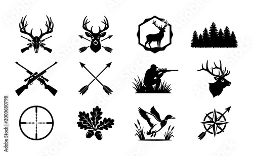 Bild auf Leinwand Vintage hunting club badges and outdoor adventure icons, 12 black silhouette hun