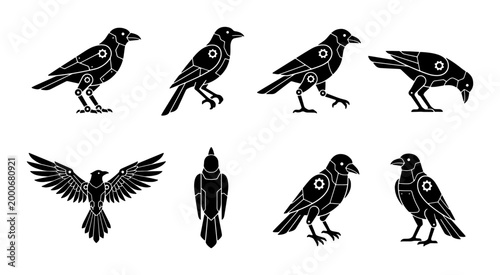 Photos Mechanical crow vector set, robotic raven bird silhouettes with 8 icons, futuris
