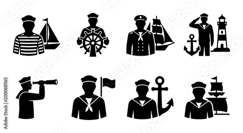 Schilderij op canvas Nautical sailor icons set, black maritime seaman silhouettes with anchor and lig