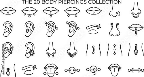 Body piercing collection with lip nose ear eyebrow and tongue jewelry icons representing fashion accessories and personal style expression concept