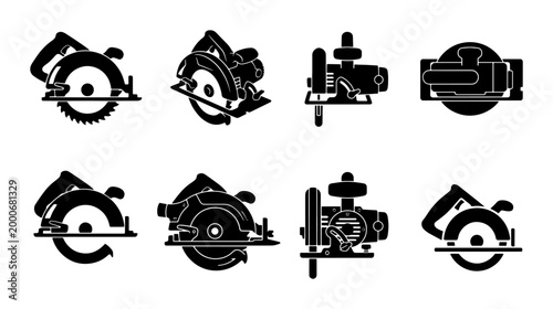 Fotografia Circular saw icon set, black silhouette power tool collection, 8 professional wo