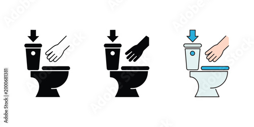 Toilet flush icon set showing finger pressing cistern button with downward arrow indicating push action after use in clean vector style