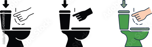 Toilet flush icon set with simple restroom symbol, finger press action on flush button and downward arrow for flushing guidance concept