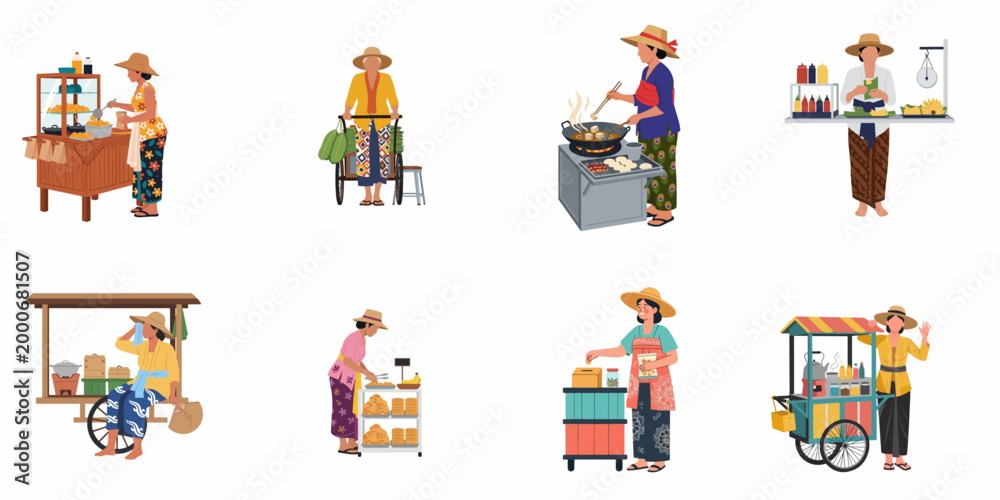 Fototapeta premium A collection of Southeast Asian female street food vendors in traditional clothing operating various mobile stalls and carts, isolated on a white background.