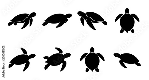 Konstfotografi Sea turtle silhouette collection, 8 black marine animal vector icons, swimming a