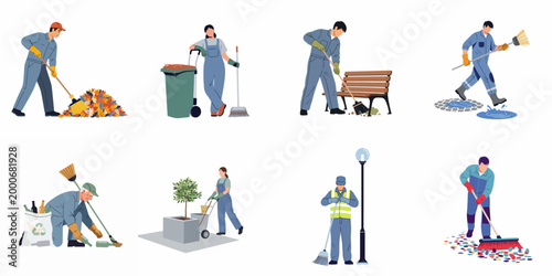 Flat vector illustration set of street cleaners and municipal workers performing various outdoor maintenance, cleaning, and recycling tasks in the city.