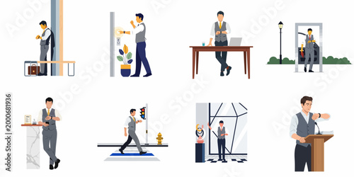 Illustrations of a businessman checking his watch in different daily situations like working, commuting, and speaking, emphasizing time management and punctuality.