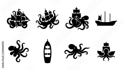 Fotografía Vintage nautical kraken and sailing ship silhouettes, 8 black sea monster and pi