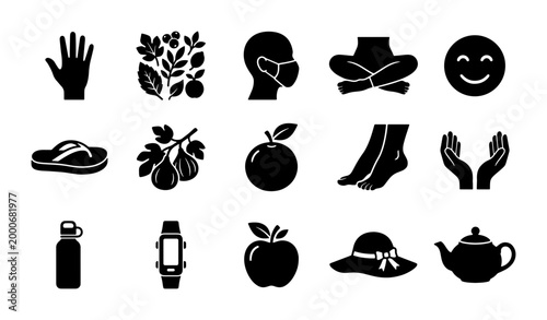 Foto Wellness and lifestyle icons set, 15 black solid vector symbols for health and s