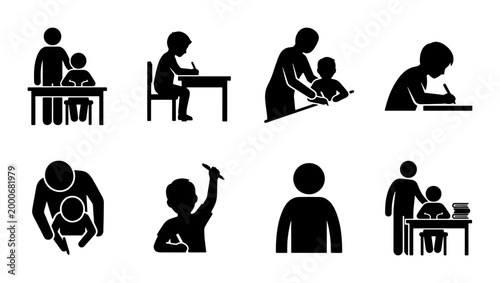Photos Education stick figure icon set, student and teacher classroom silhouettes, scho