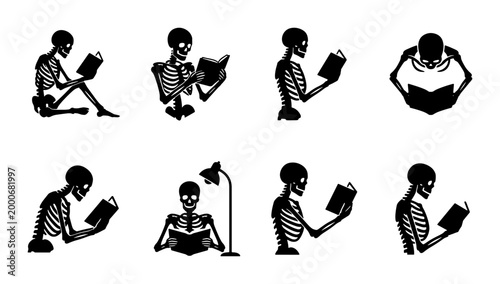 Obraz na płótnie Skeleton reading book vector icons, set of 8 gothic skull characters in library,