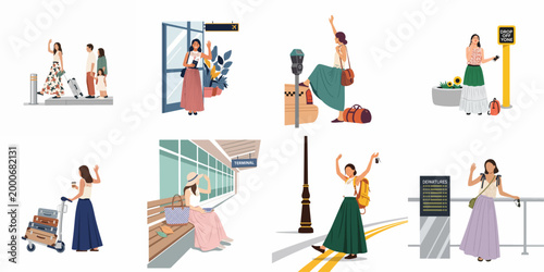 Set of diverse travel illustrations showing women at airports, waving goodbye, hailing taxis, and departing on adventures with suitcases and backpacks.