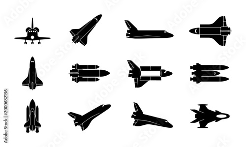 Bild auf Leinwand Space shuttle silhouette icons, 12 black vector spacecraft and rocket ship symbo