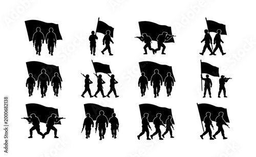 Tableau sur toile Military soldier silhouette set with flags, army infantry troops carrying banner
