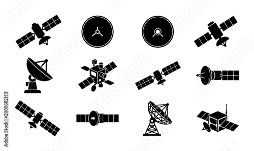 Schilderij op canvas Satellite icon set with 12 black vector elements, space communication technology
