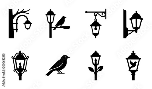 Obraz na płótnie Vintage street lamp icons set, antique outdoor lantern silhouettes with birds, c